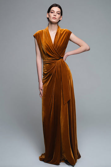 Caramel V-Neck Sheath Velvet Formal Dress